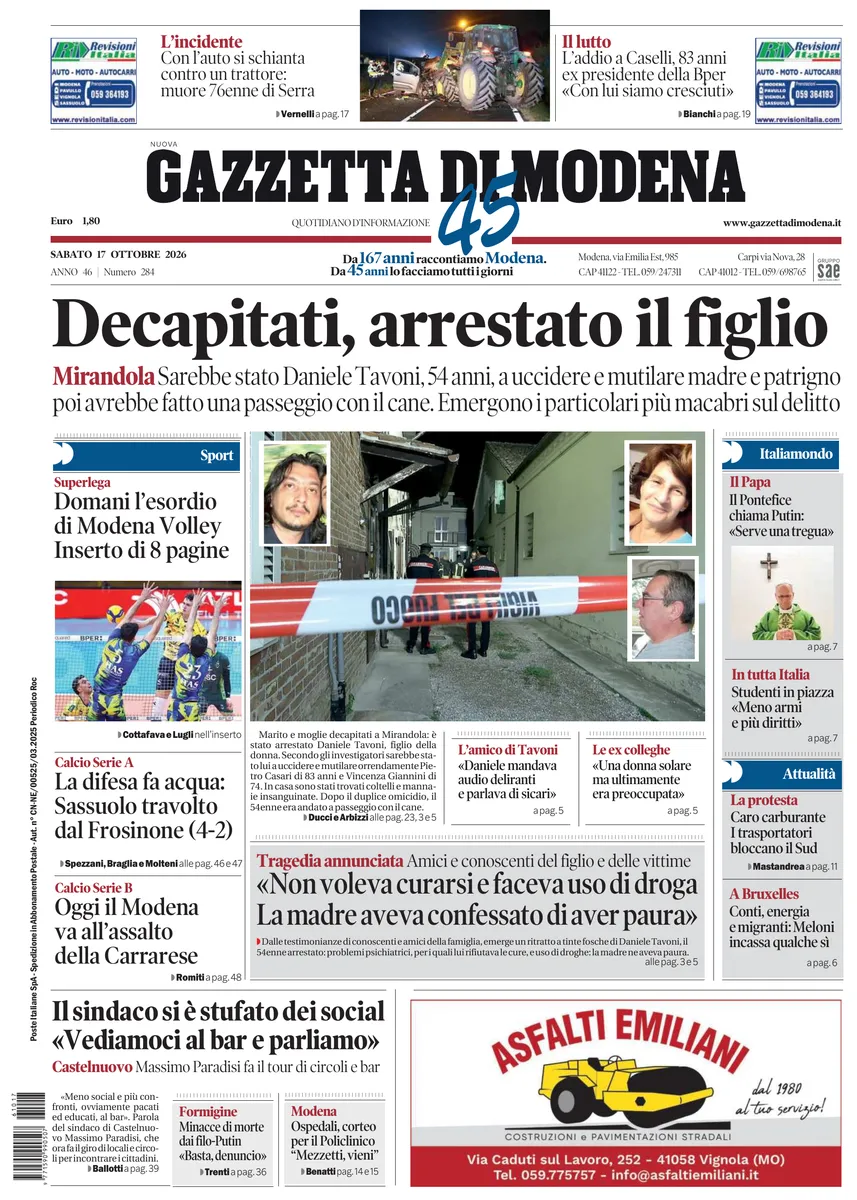 Prima-pagina-gazzetta di modena-oggi-edizione-del-2026-10-17